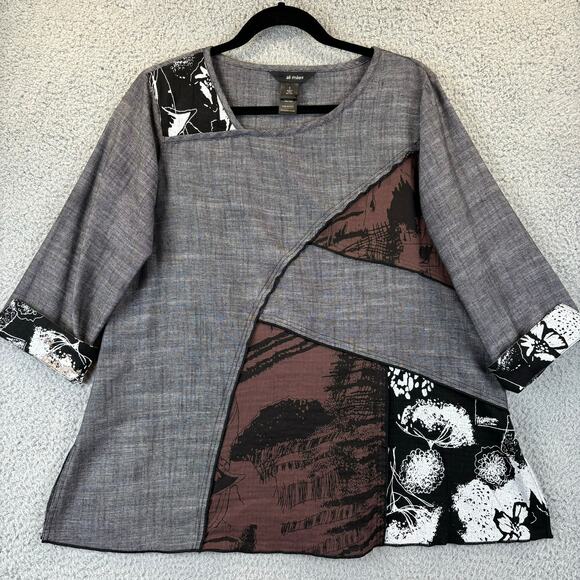 Ali Miles Tunic Small Linen Lagenlook Artsy Boho Patchwork Floral Mixed Media - Picture 1 of 12